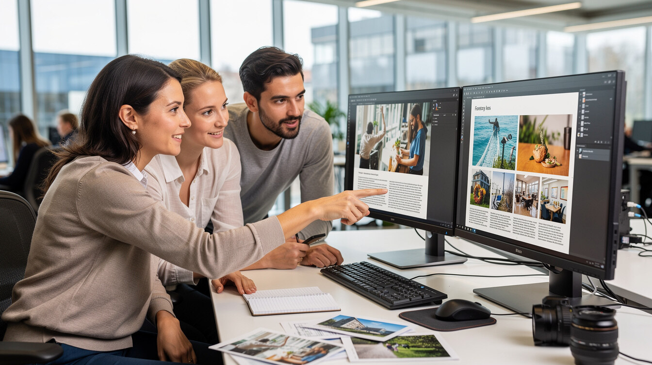Editorial team reviewing photos and articles on computer monitors in an office