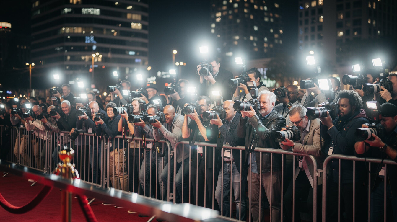 Photographers with cameras covering a red carpet event at night